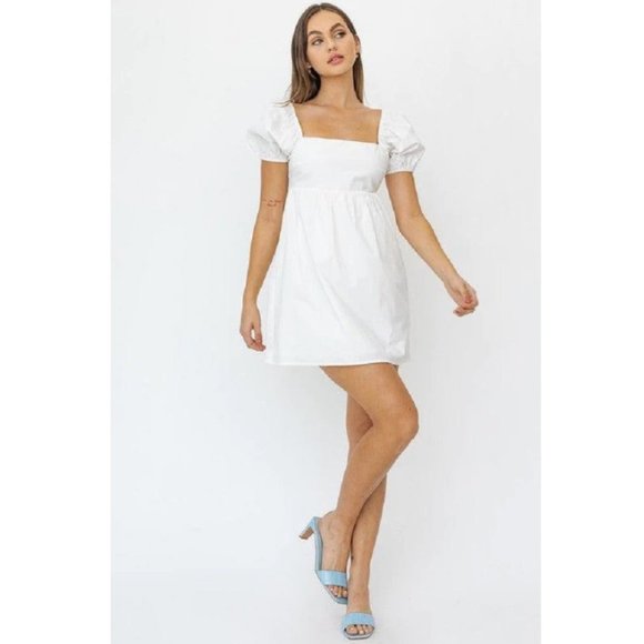 NWT LE LIS WOMEN'S ELLIE TIE BACK DRESS WHITE SIZE L Puff Sleeves Cotton - Picture 2 of 3